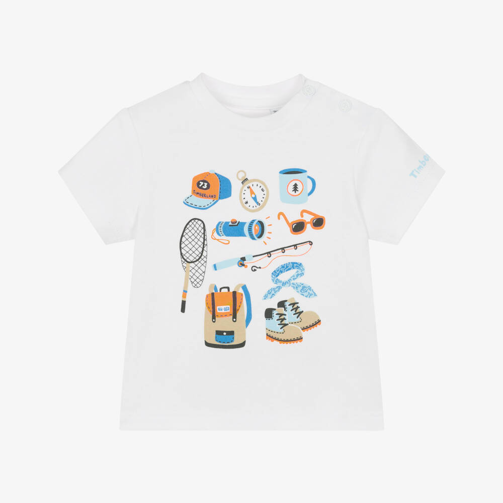 Timberland-Baby Boys White Cotton T-Shirt with Outdoor Adventure Print | Childrensalon
