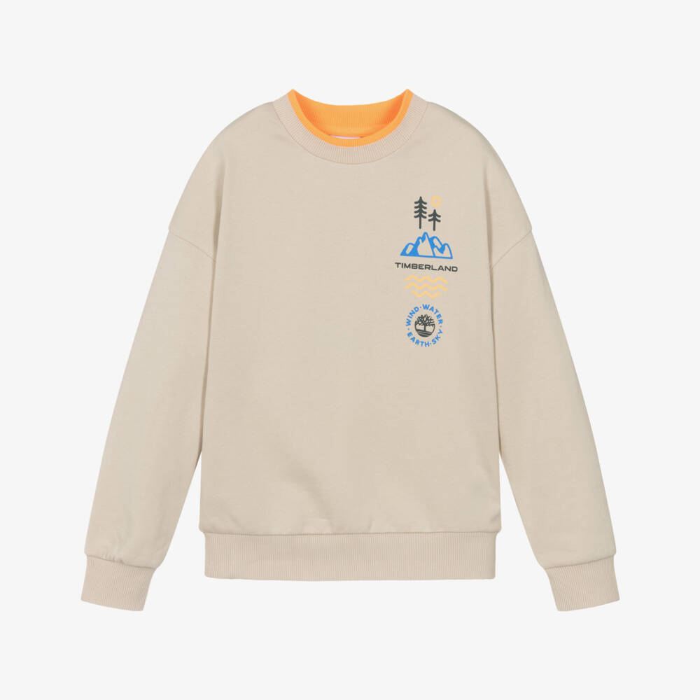 Timberland-Boys Beige Cotton Sweatshirt with Graphic Logo Prints | Childrensalon