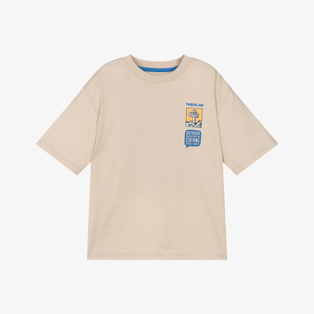 Timberland-Boys Beige Cotton T-Shirt with Large Back Graphic | Childrensalon