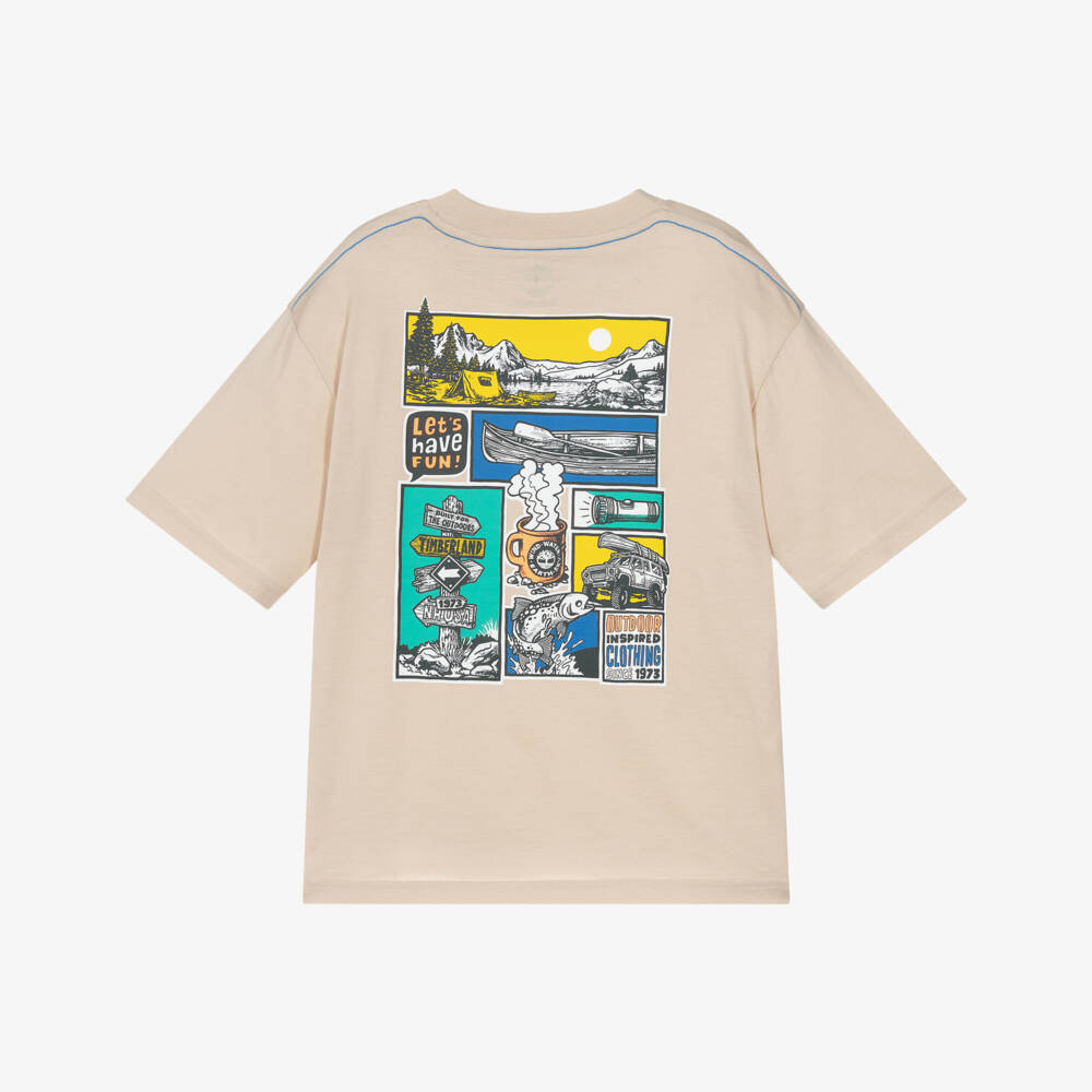 Timberland-Boys Beige Cotton T-Shirt with Large Outdoor Graphic | Childrensalon