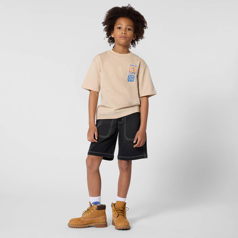 Timberland-Boys Beige Cotton T-Shirt with Large Outdoor Graphic | Childrensalon