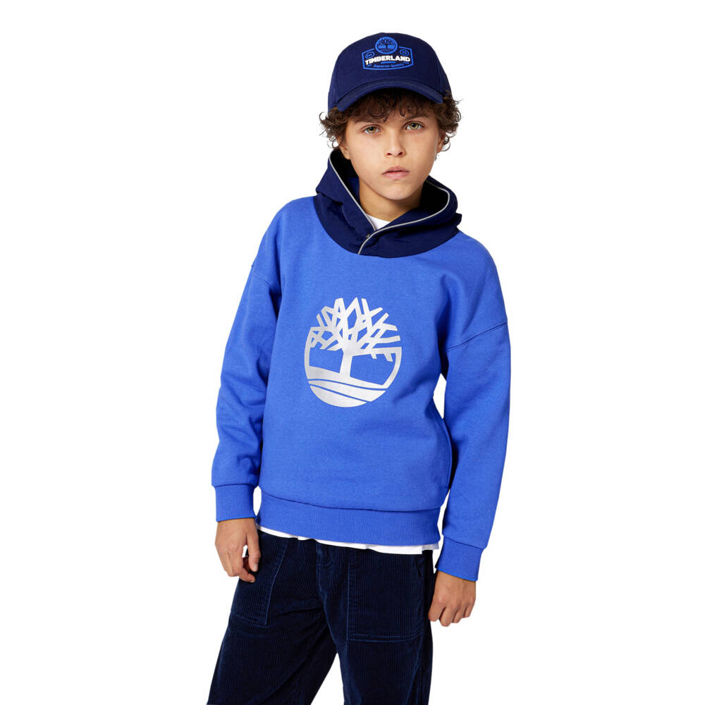 Timberland-Boys Blue Cotton Hoodie with Reflective Logo Print | Childrensalon