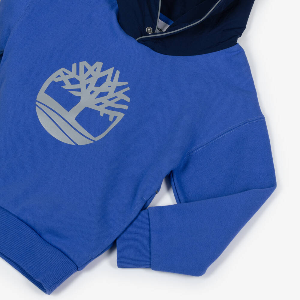 Timberland-Boys Blue Cotton Hoodie with Reflective Logo Print | Childrensalon