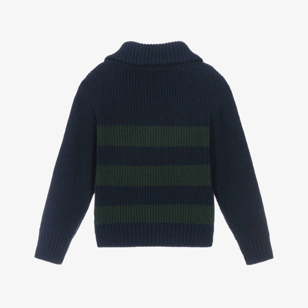 Timberland-Boys Blue & Green Stripe Cotton Jumper with Quarter Zip | Childrensalon