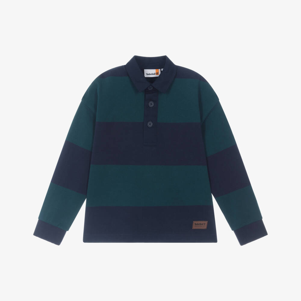 Timberland-Boys Blue & Green Striped Polo Top  | Childrensalon