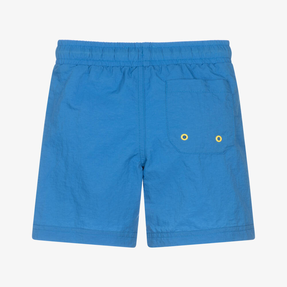 Timberland-Boys Blue Swim Shorts with White Logo Print | Childrensalon