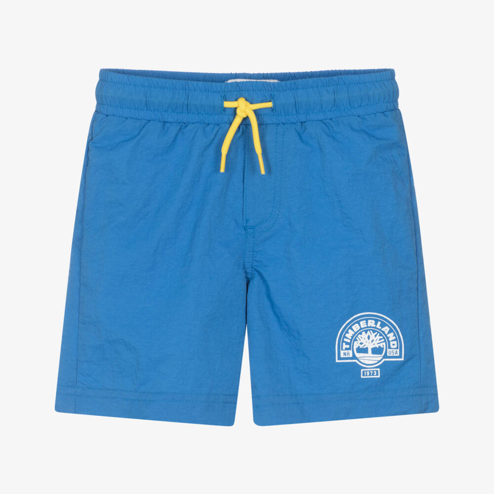 Timberland-Boys Blue Swim Shorts with White Logo Print | Childrensalon
