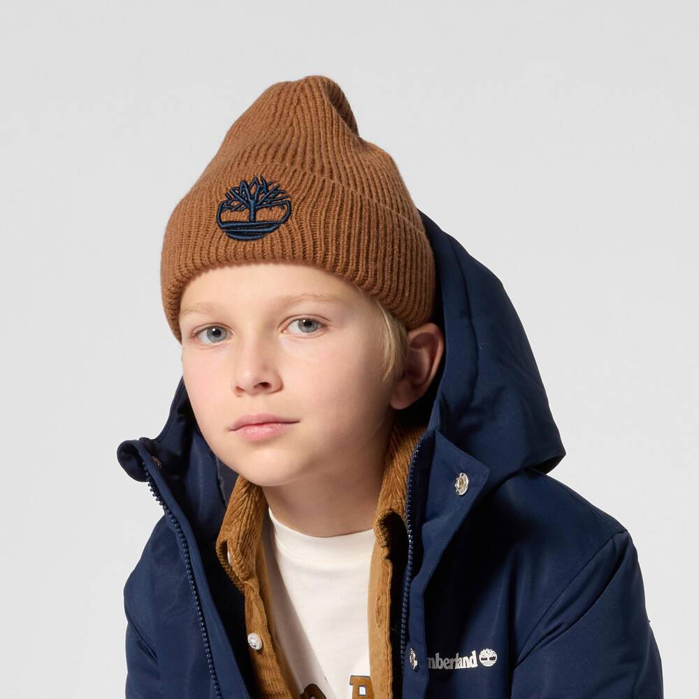 Timberland-Boys Caramel Brown Ribbed Knit Beanie Hat | Childrensalon