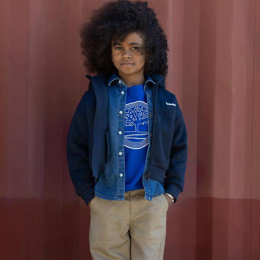 Timberland-Boys Cobalt Blue Jersey T-Shirt with Logo Print | Childrensalon
