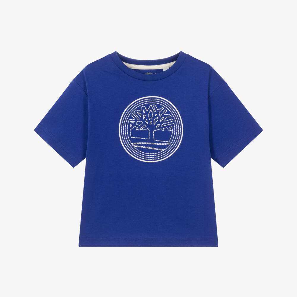Timberland-Boys Cobalt Blue Jersey T-Shirt with Logo Print | Childrensalon