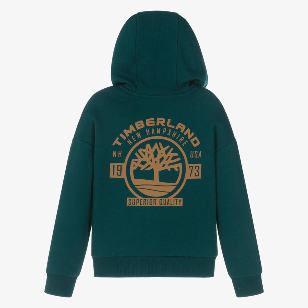 Timberland-Boys Green Zip-Up Hoodie with Logo Print | Childrensalon