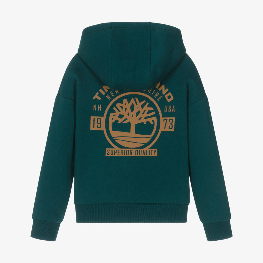 Timberland-Boys Green Zip-Up Hoodie with Logo Print | Childrensalon