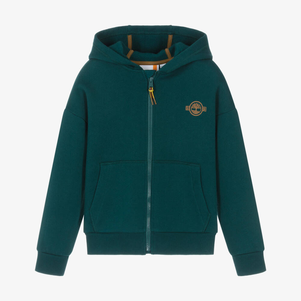 Timberland-Boys Green Zip-Up Hoodie with Logo Print | Childrensalon