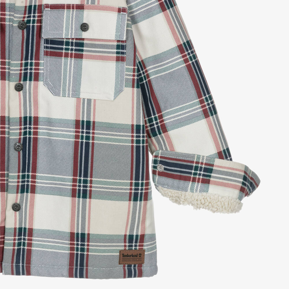 Timberland-Boys Ivory Checked Shacket with Fleece Lining | Childrensalon