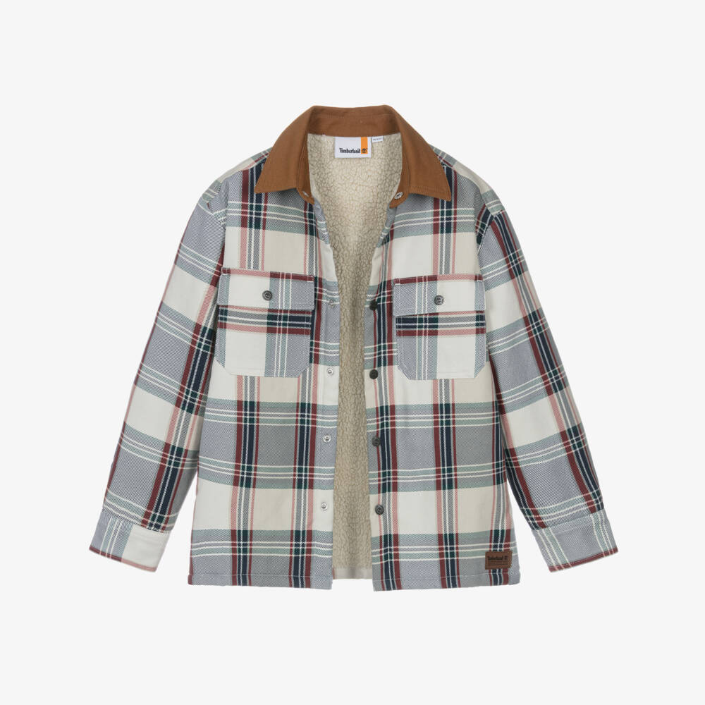 Timberland-Boys Ivory Checked Shacket with Fleece Lining | Childrensalon