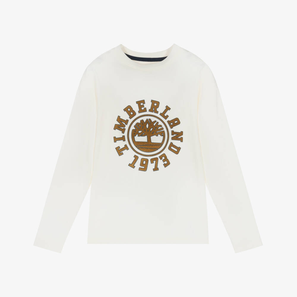 Timberland-Boys Ivory Cotton Long Sleeved Top with Circular Logo Motif | Childrensalon