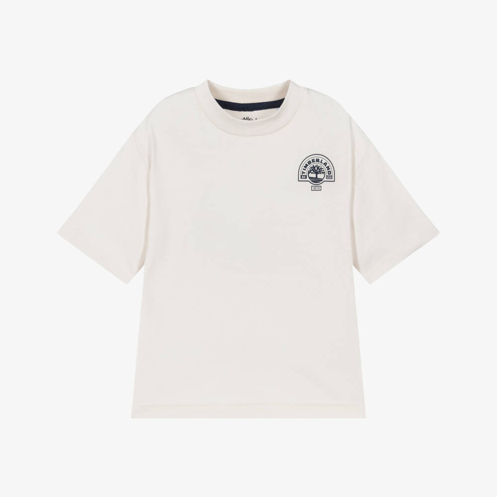 Timberland-Boys Ivory Cotton T-Shirt with Contrast Tree Logo | Childrensalon