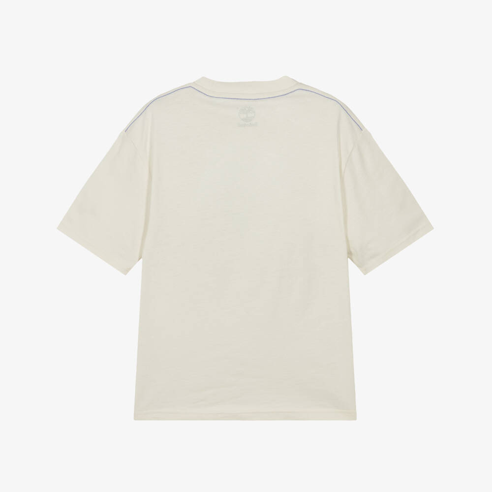 Timberland-Boys Ivory Cotton T-Shirt with Printed Logo | Childrensalon