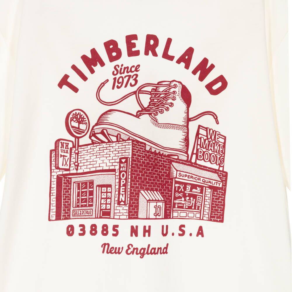 Timberland-Boys Ivory Cotton T-Shirt with Red Logo Graphic | Childrensalon