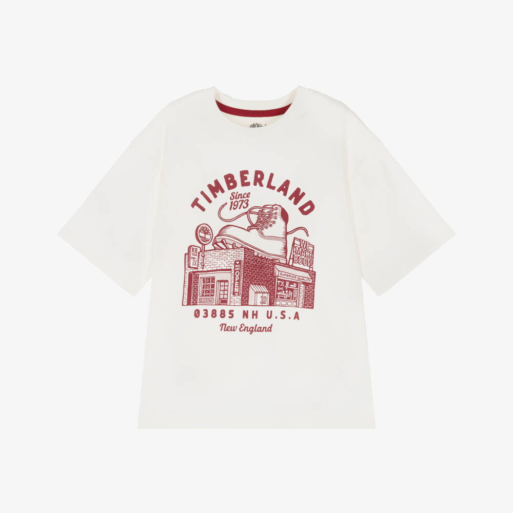 Timberland-Boys Ivory Cotton T-Shirt with Red Logo Graphic | Childrensalon