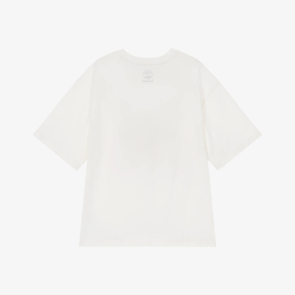 Timberland-Boys Ivory Cotton T-Shirt with Red Logo Graphic | Childrensalon