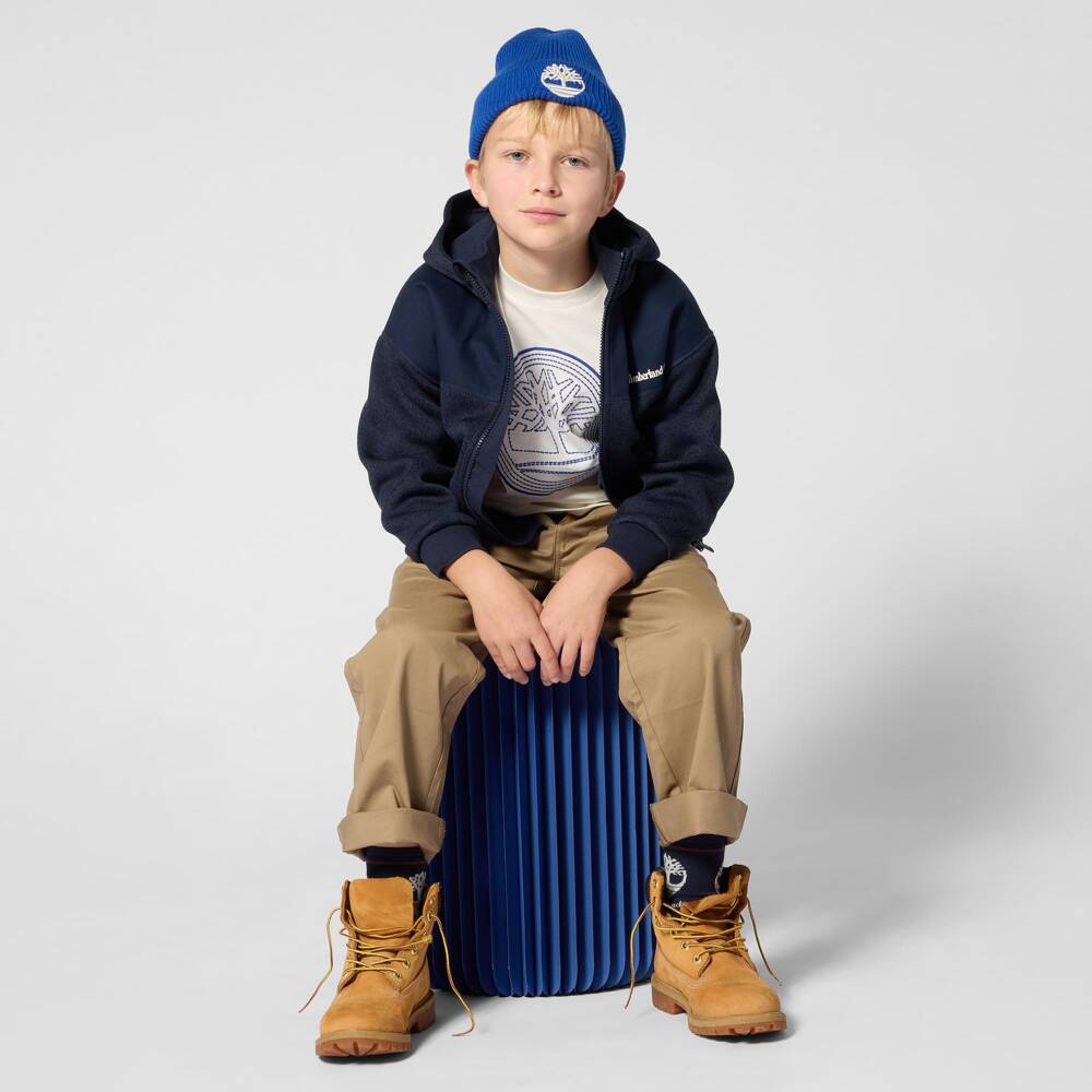 Timberland-Boys Ivory T-Shirt with Blue Rubberised Logo | Childrensalon