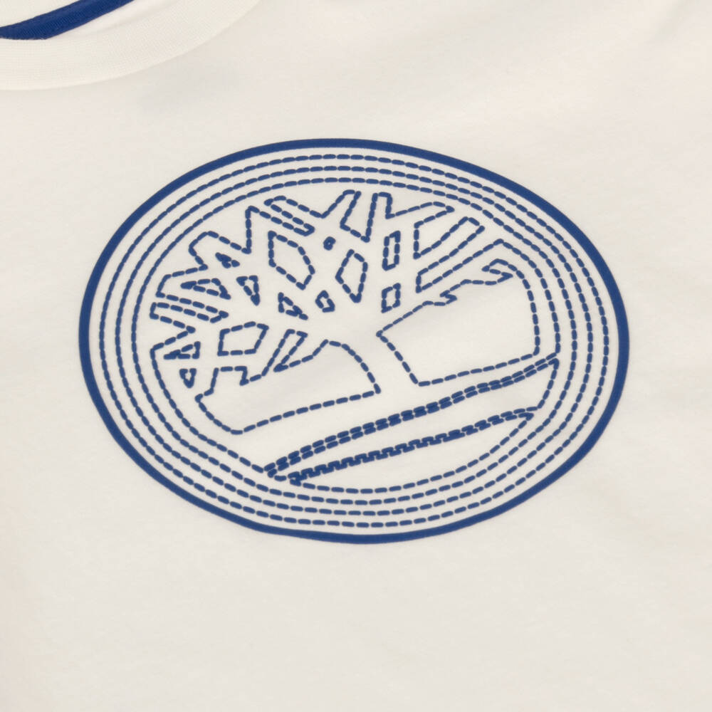 Timberland-Boys Ivory T-Shirt with Blue Rubberised Logo | Childrensalon