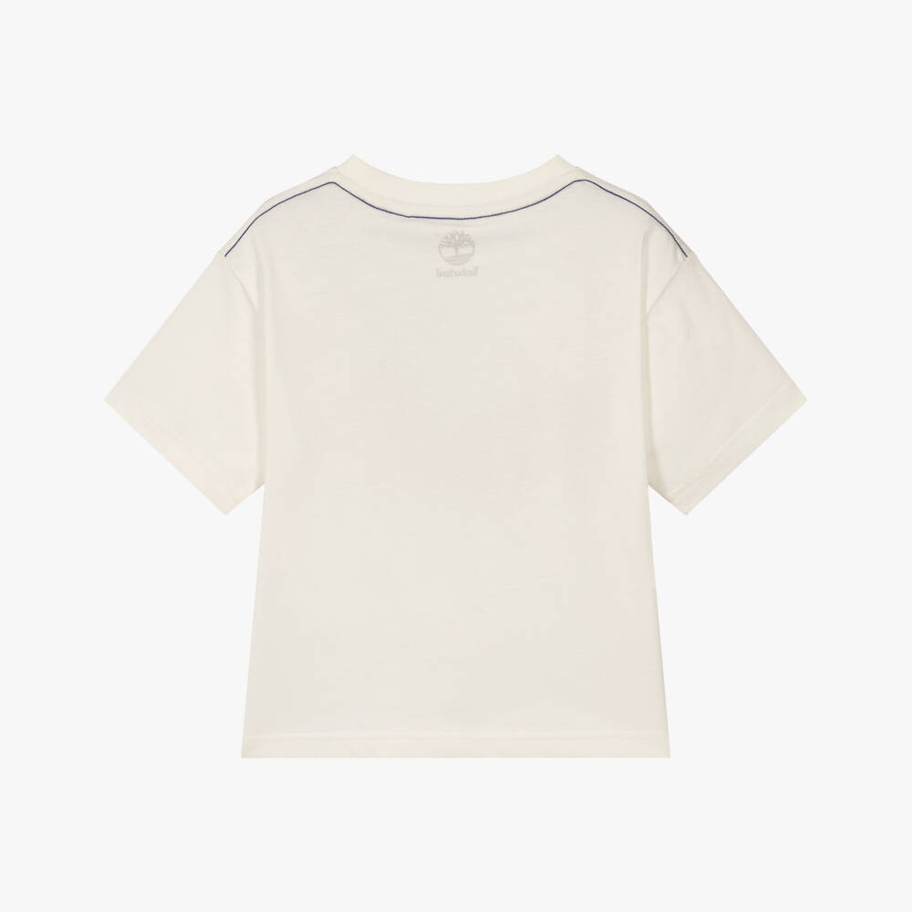 Timberland-Boys Ivory T-Shirt with Blue Rubberised Logo | Childrensalon