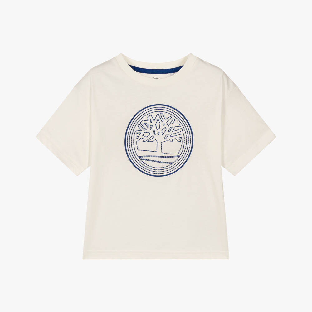 Timberland-Boys Ivory T-Shirt with Blue Rubberised Logo | Childrensalon