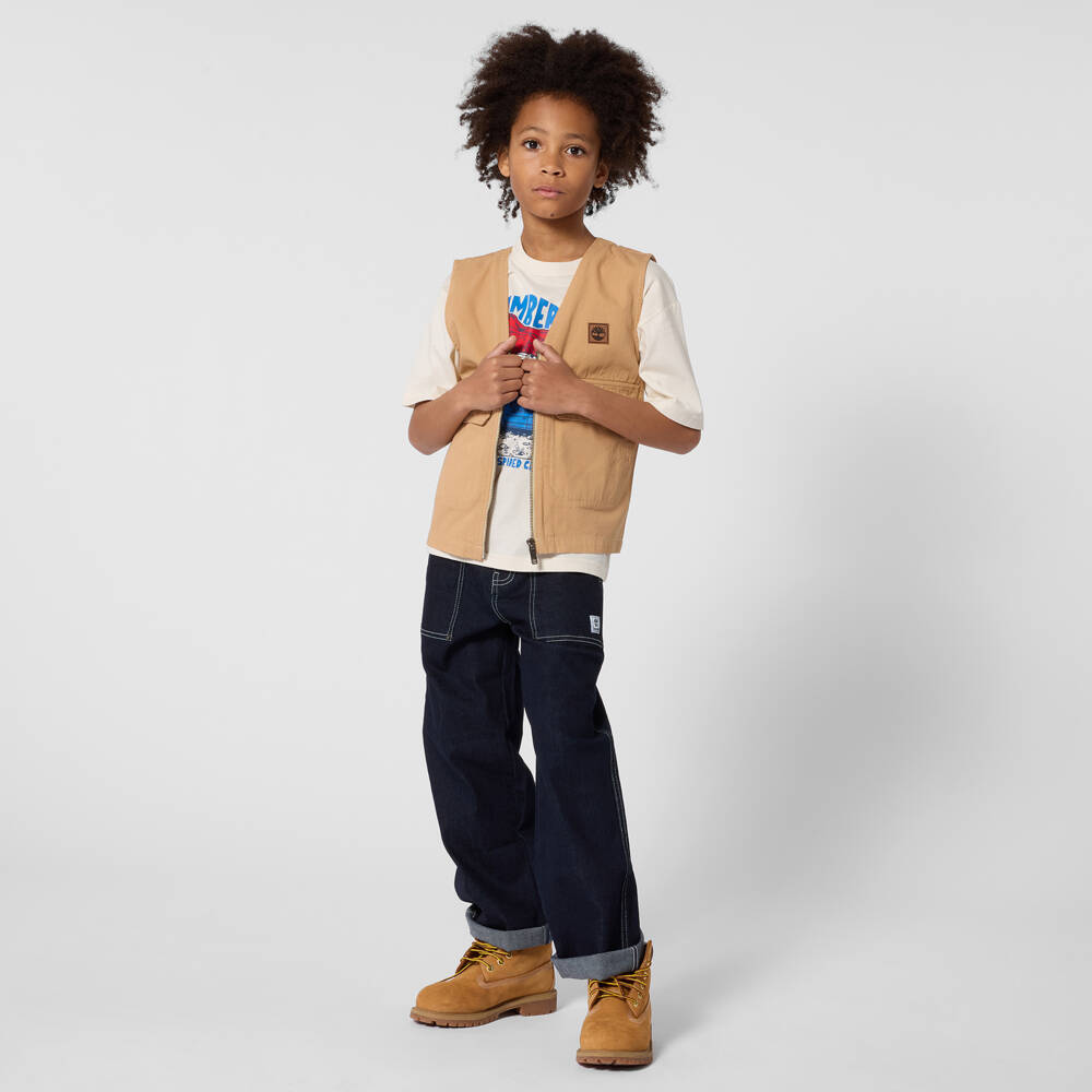 Timberland-Boys Ivory T-Shirt with Outdoor Adventure Scene | Childrensalon
