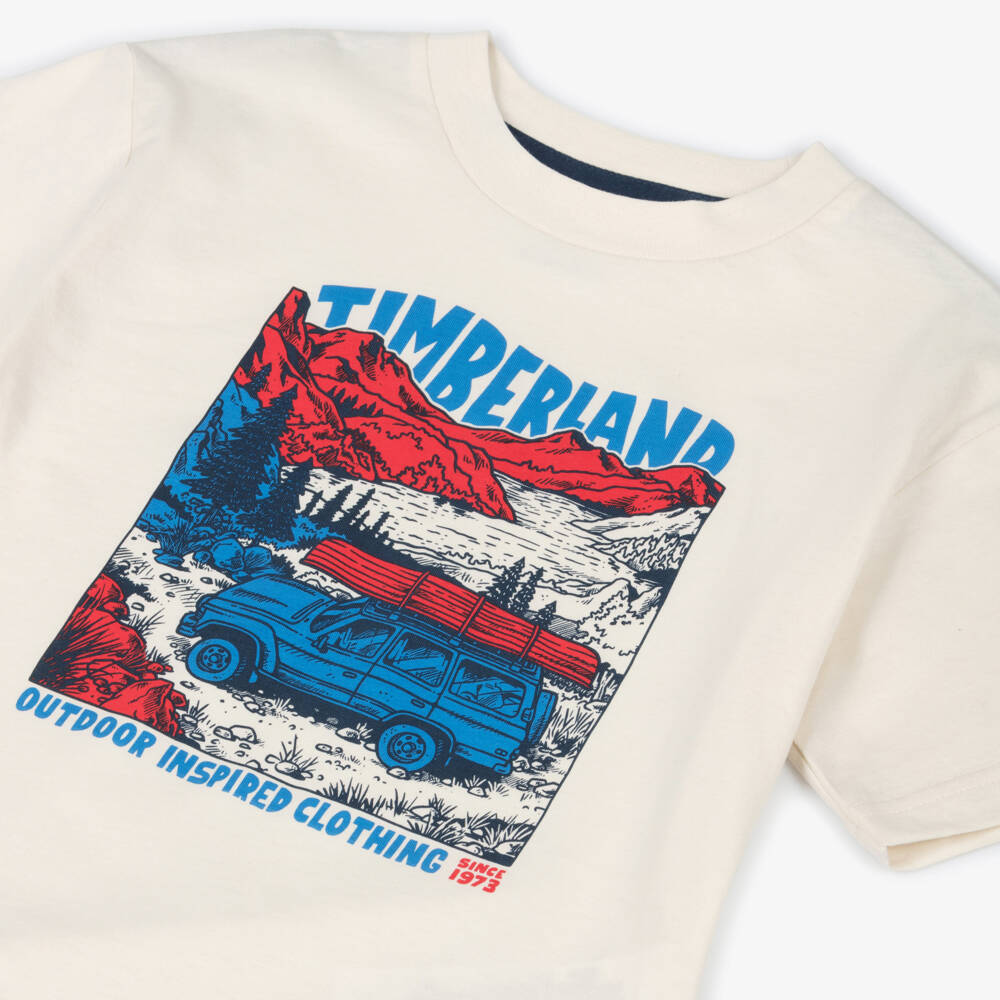 Timberland-Boys Ivory T-Shirt with Outdoor Adventure Scene | Childrensalon