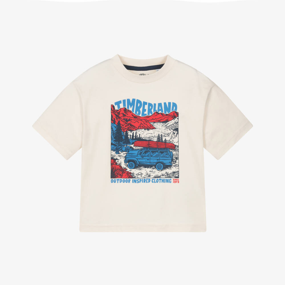 Timberland-Boys Ivory T-Shirt with Outdoor Adventure Scene | Childrensalon
