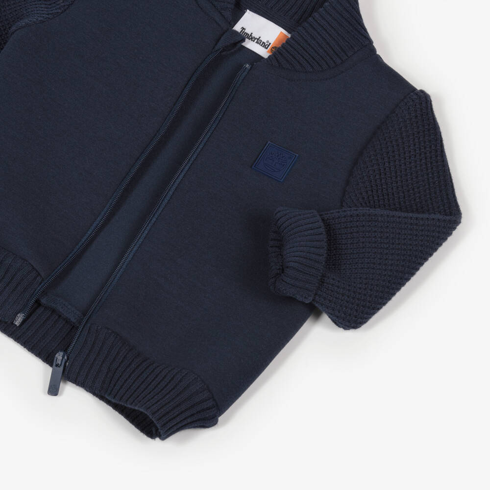 Timberland-Boys Navy Blue Contrast Sleeve Zip-Up Top with Logo Patch | Childrensalon