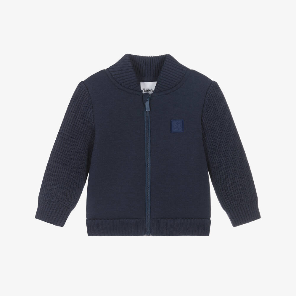 Timberland-Boys Navy Blue Contrast Sleeve Zip-Up Top with Logo Patch | Childrensalon
