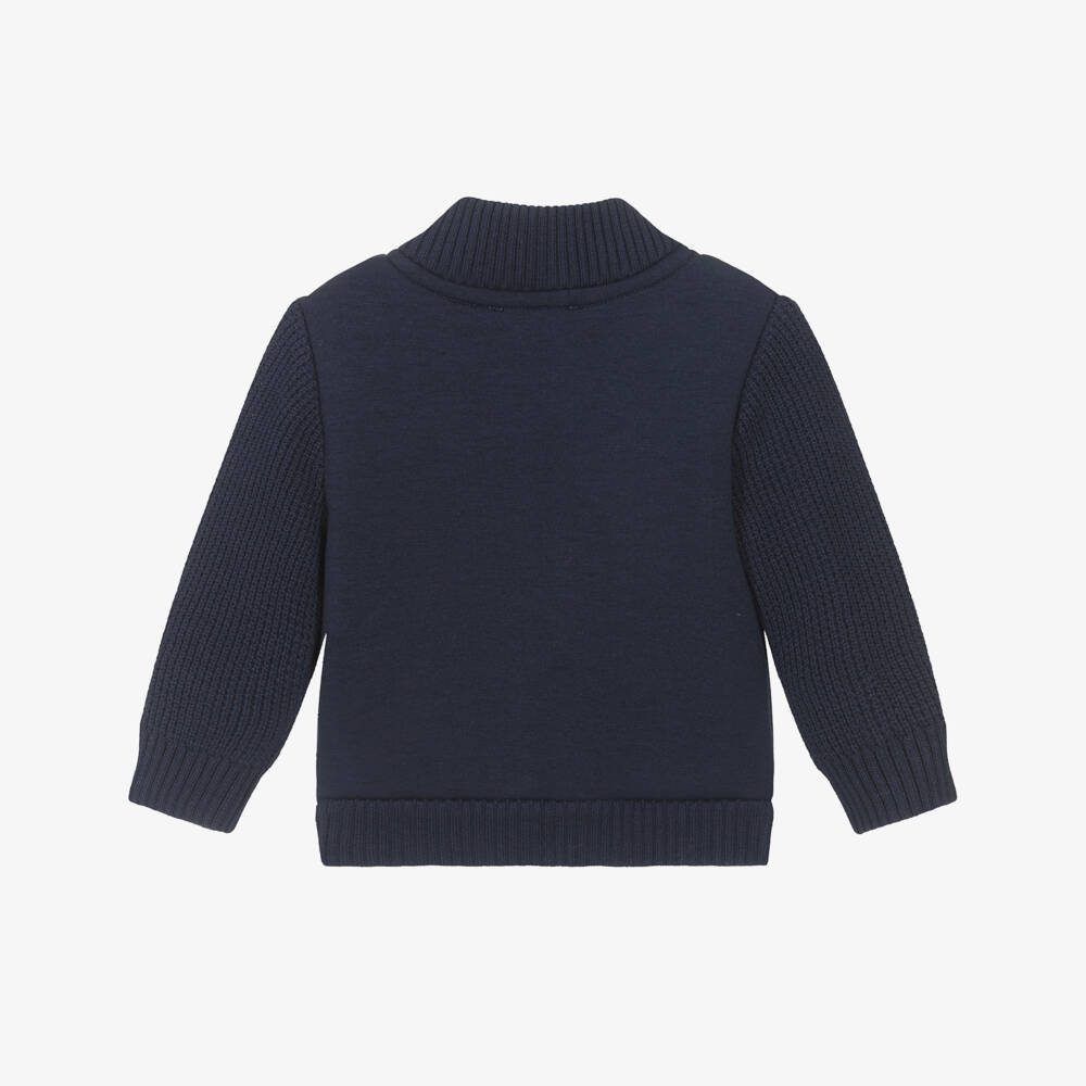 Timberland-Boys Navy Blue Contrast Sleeve Zip-Up Top with Logo Patch | Childrensalon