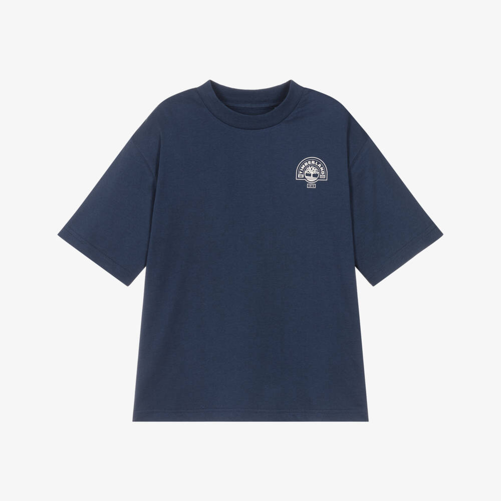 Timberland-Boys Navy Blue Cotton Logo T-Shirt | Childrensalon