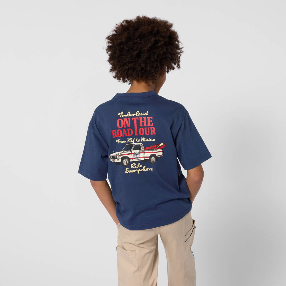 Timberland-Boys Navy Blue Cotton T-Shirt with Pickup Truck Print | Childrensalon