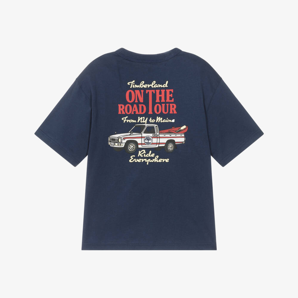 Timberland-Boys Navy Blue Cotton T-Shirt with Pickup Truck Print | Childrensalon
