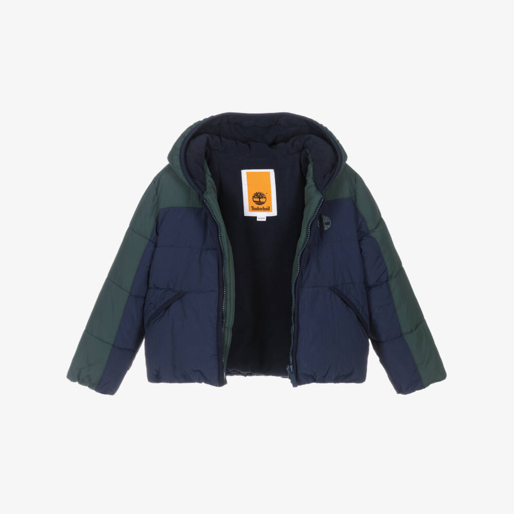 Timberland-Boys Navy Blue & Green Colourblock Puffer Jacket with Hood | Childrensalon