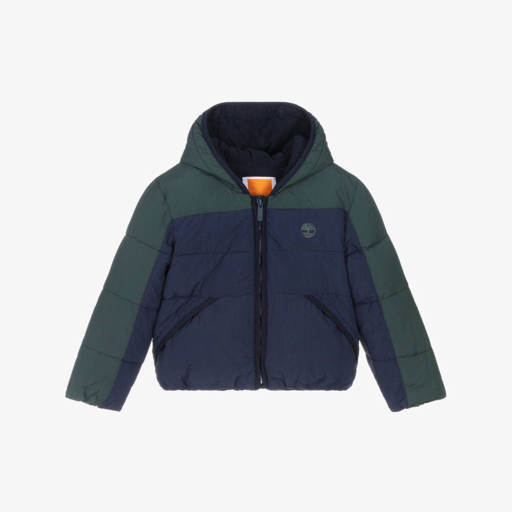 Timberland-Boys Navy Blue & Green Colourblock Puffer Jacket with Hood | Childrensalon