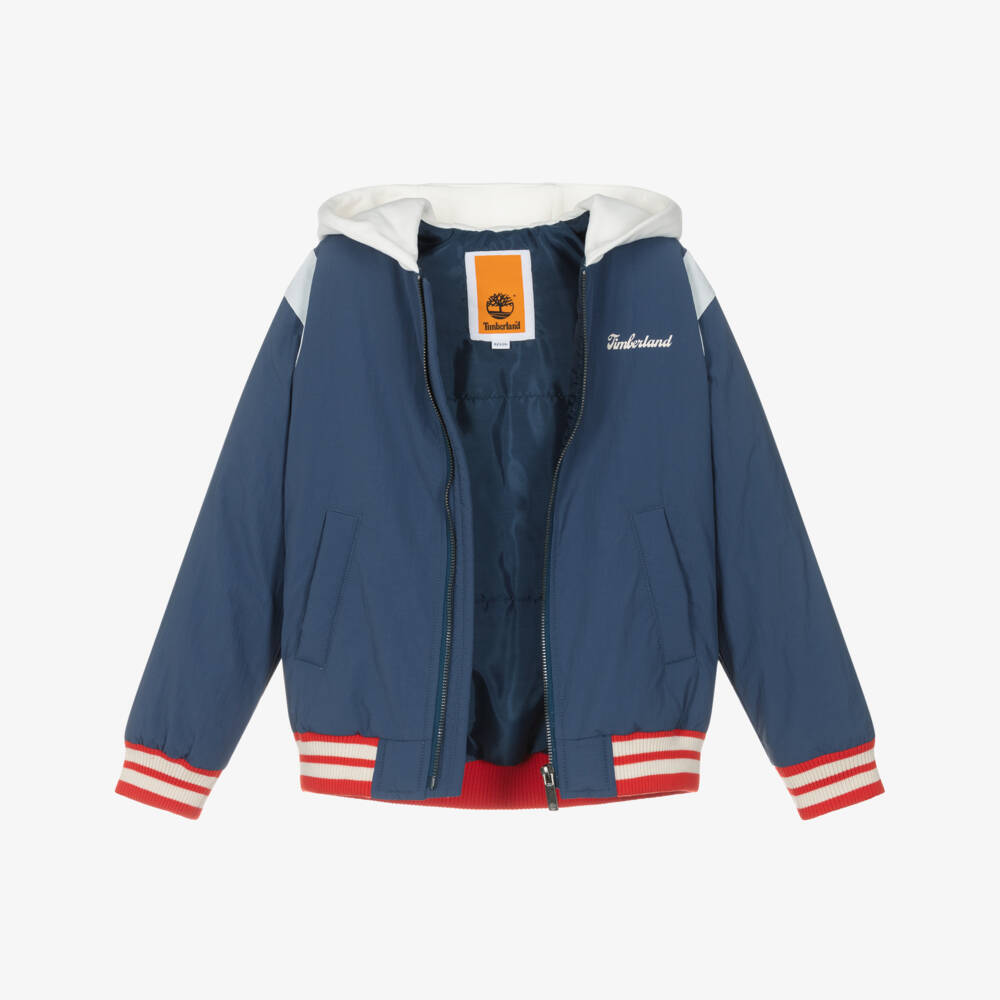 Timberland-Boys Navy Blue Hooded Varsity Style Bomber Jacket | Childrensalon