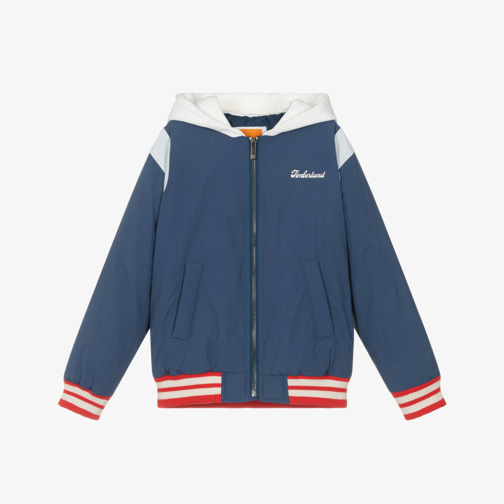 Timberland-Boys Navy Blue Hooded Varsity Style Bomber Jacket | Childrensalon