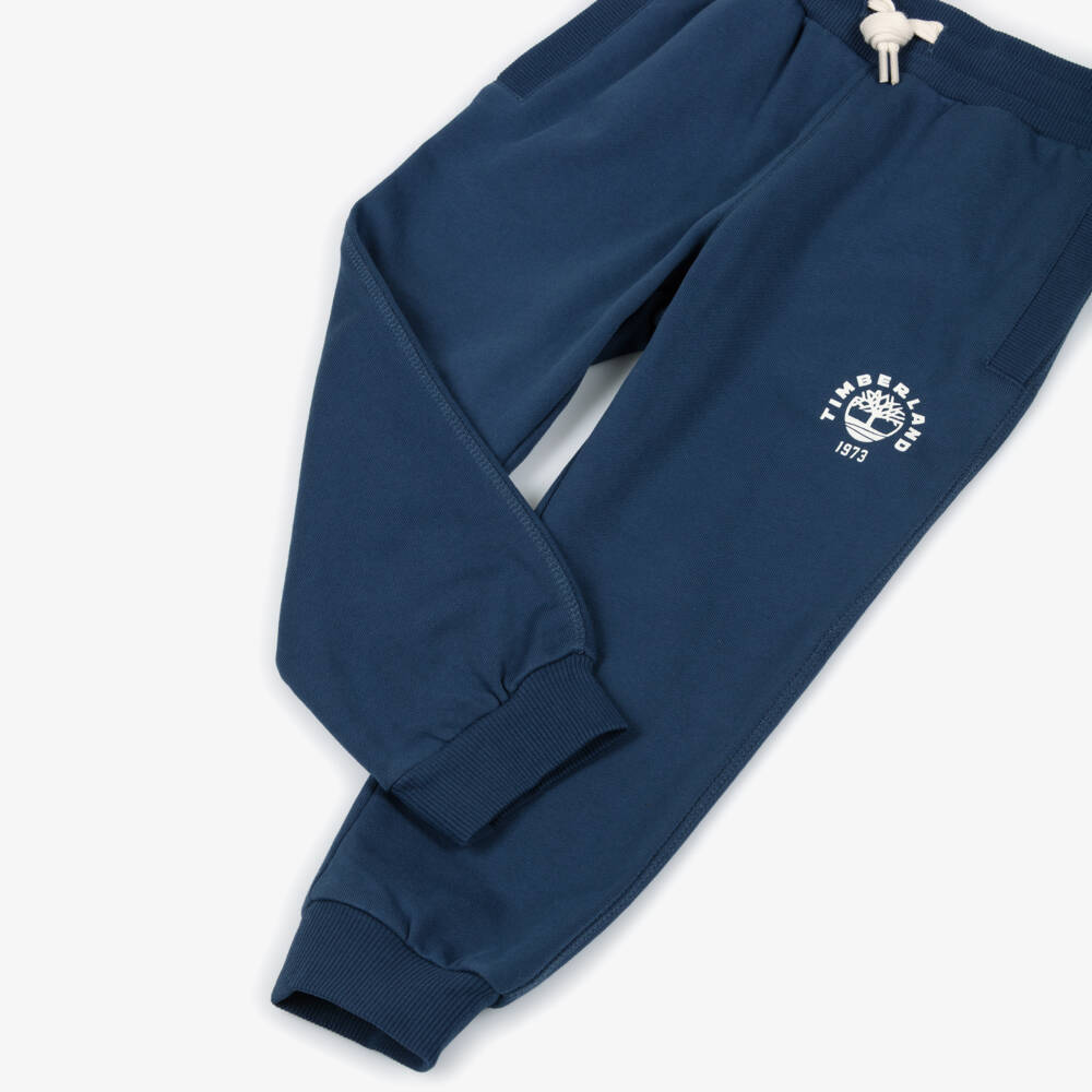 Timberland-Boys Navy Blue Jersey Drawstring Joggers with White Logo | Childrensalon