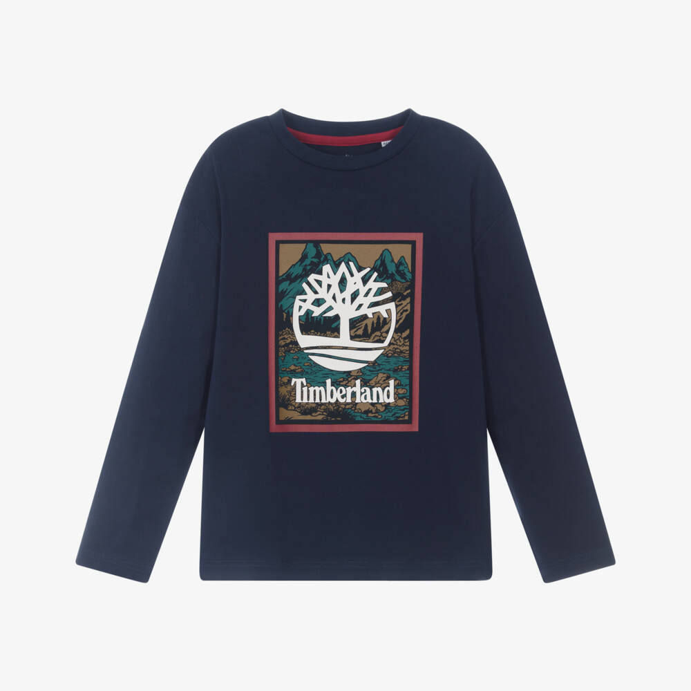 Timberland-Boys Navy Blue Jersey Top with Mountain Graphic | Childrensalon