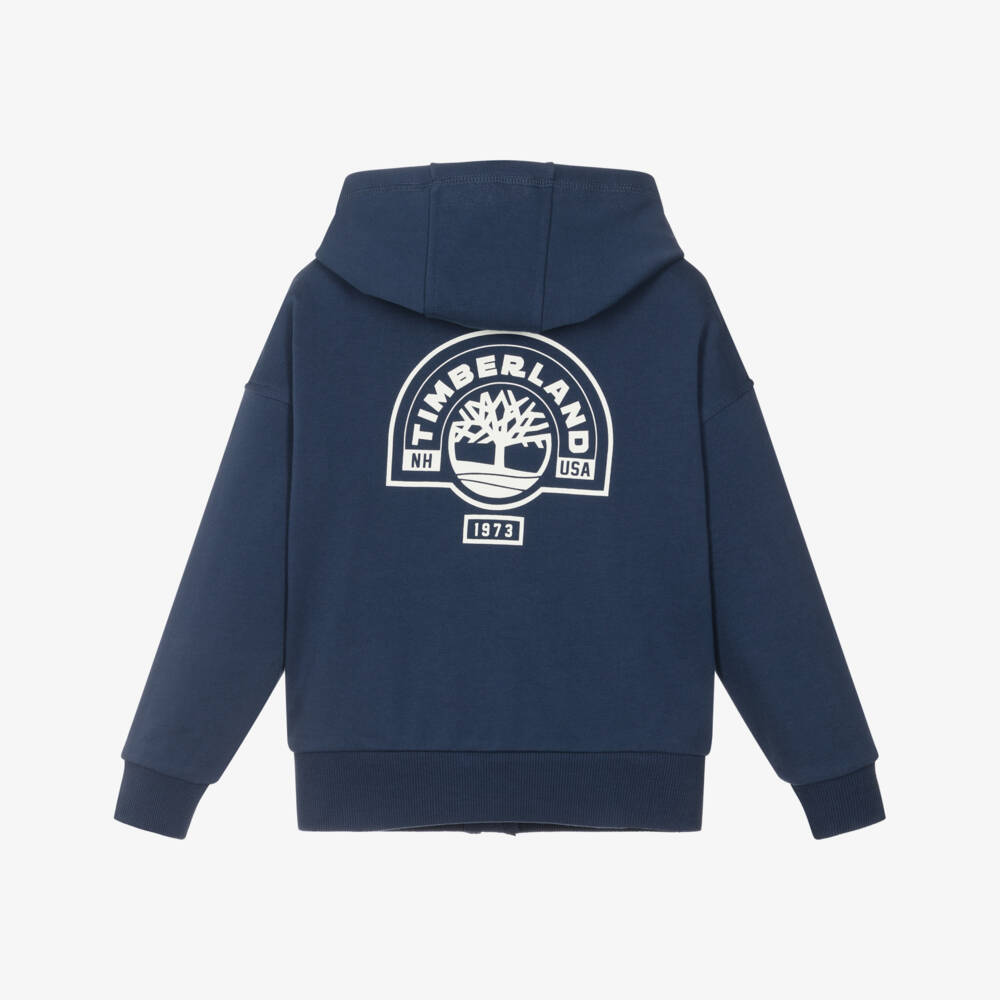 Timberland-Boys Navy Blue Jersey Zip Up Hoodie with White Logo Print | Childrensalon
