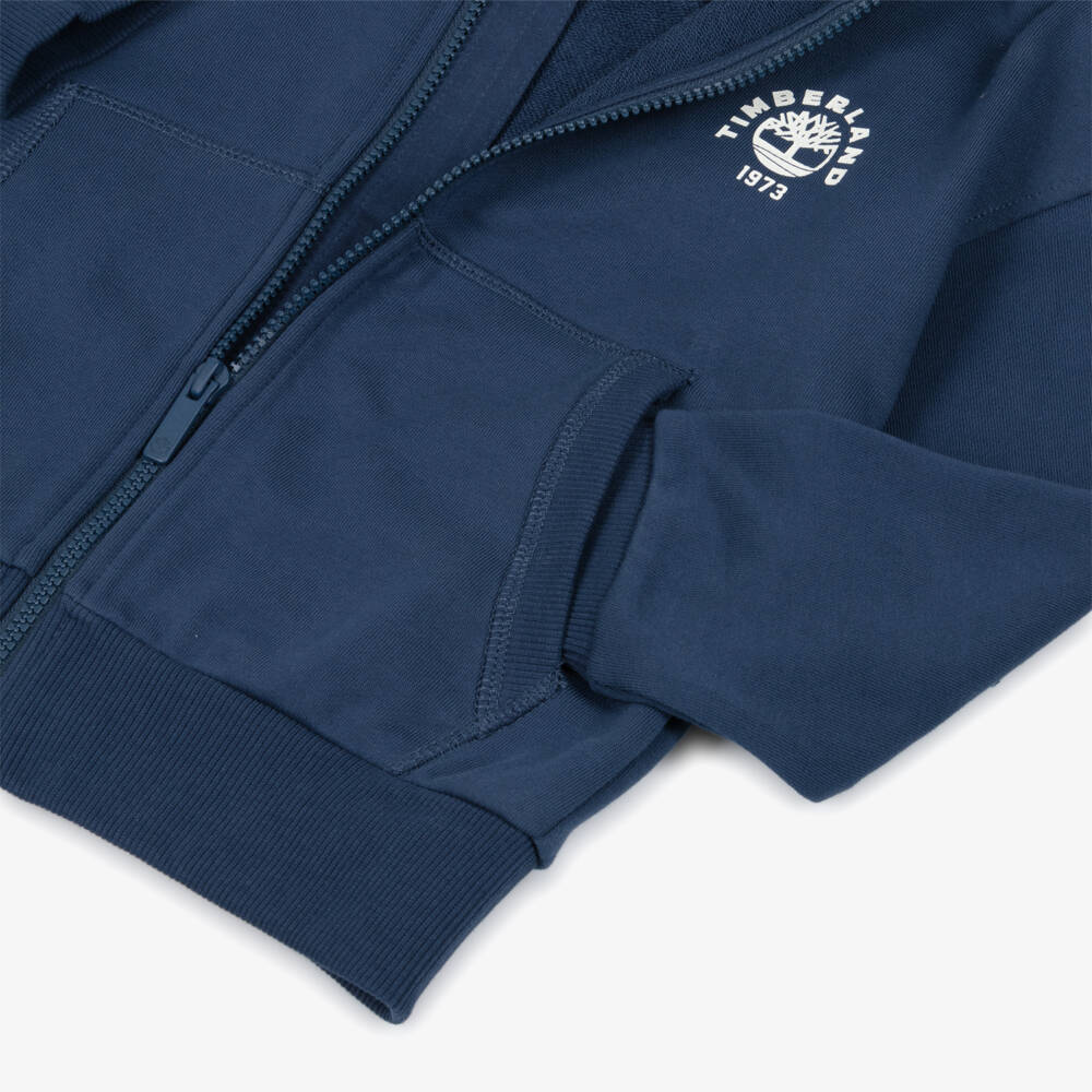 Timberland-Boys Navy Blue Jersey Zip Up Hoodie with White Logo Print | Childrensalon