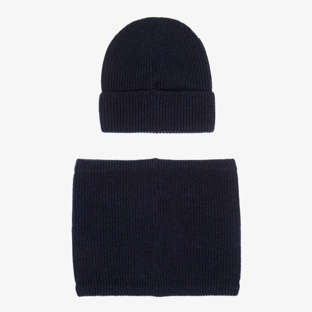 Timberland-Boys Navy Blue Knitted Hat & Snood Set with Logo Patches | Childrensalon