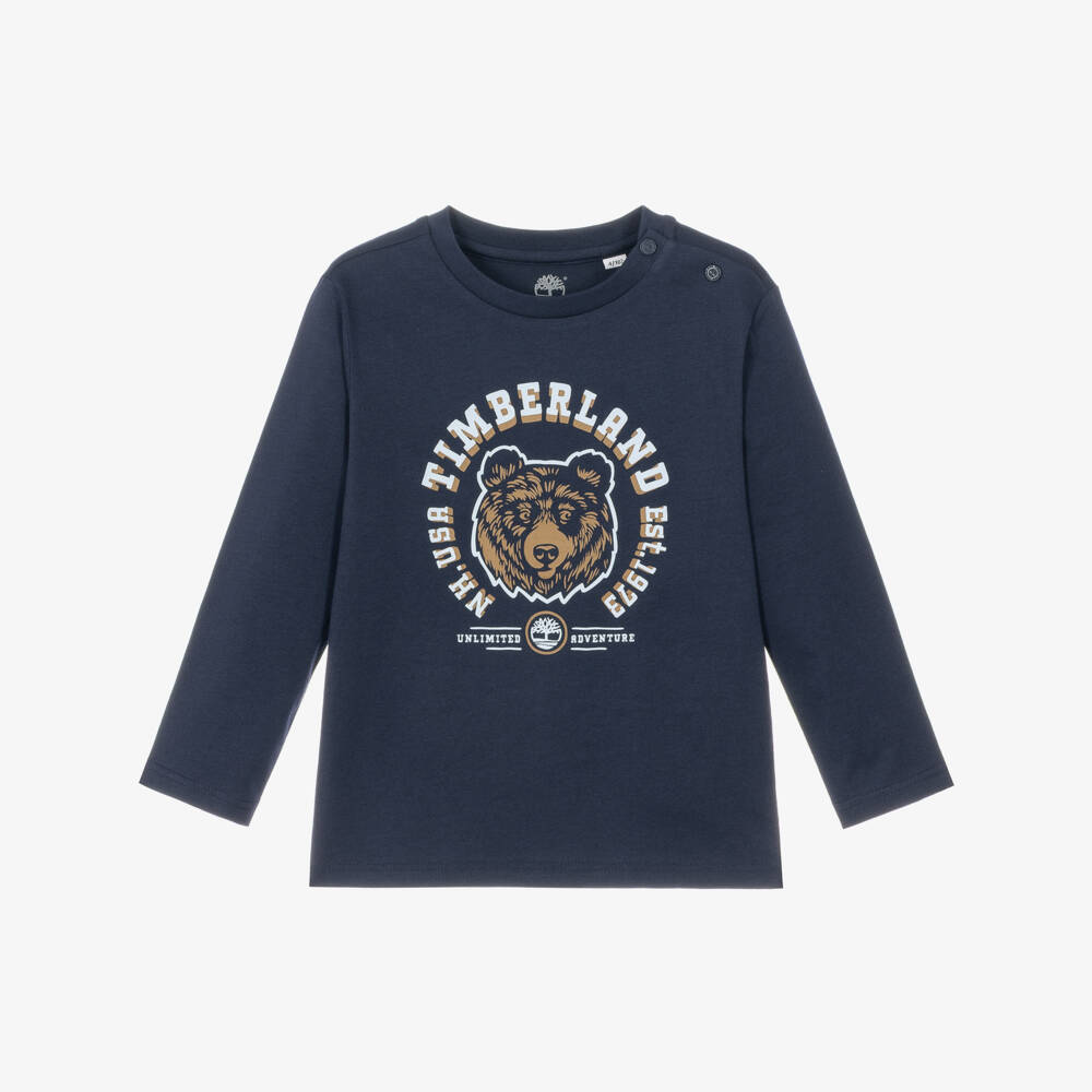Timberland-Boys Navy Blue Long-Sleeved Top with Bear Graphic Print | Childrensalon