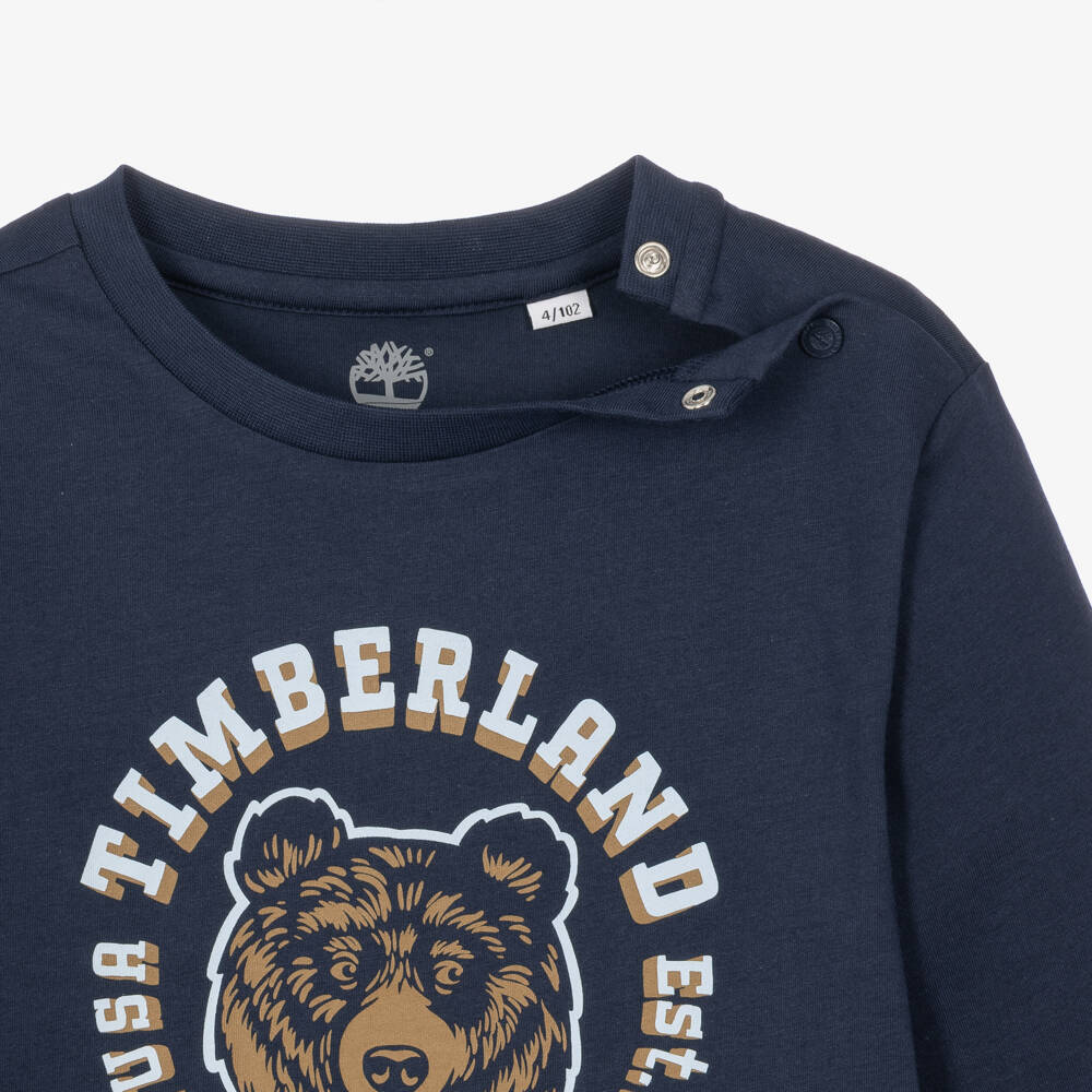 Timberland-Boys Navy Blue Long-Sleeved Top with Bear Graphic Print | Childrensalon