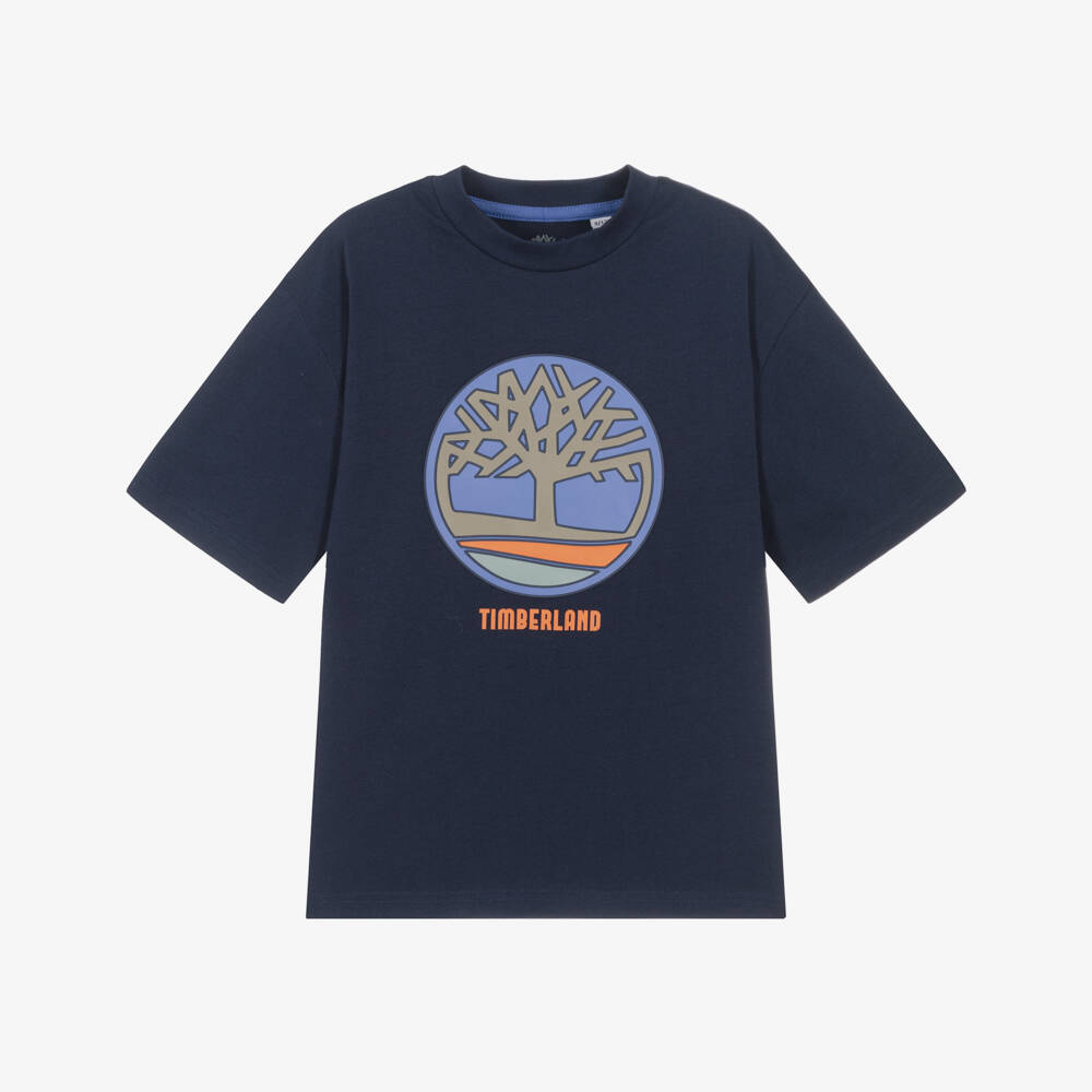 Timberland-Boys Navy Blue Organic Cotton Tree Logo T-Shirt | Childrensalon